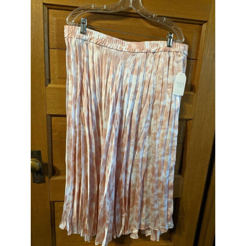Time & Tru Midi Skirt XL (16-18) Dusty Rose White Tie Dye Crinkle Womens